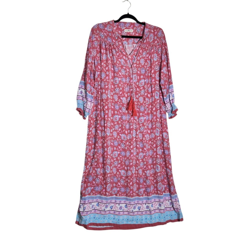 Natural Life Women Terracotta Floral Paisley Tassel Midi Dress Size M Boho